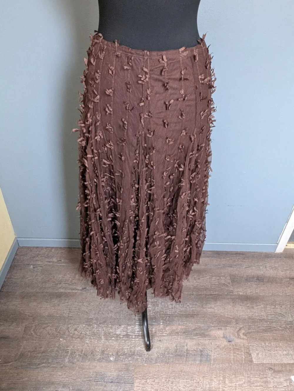 Handkerchief Hem Brown Tulle Ribbon Midi Skirt - Picture 7 of 11